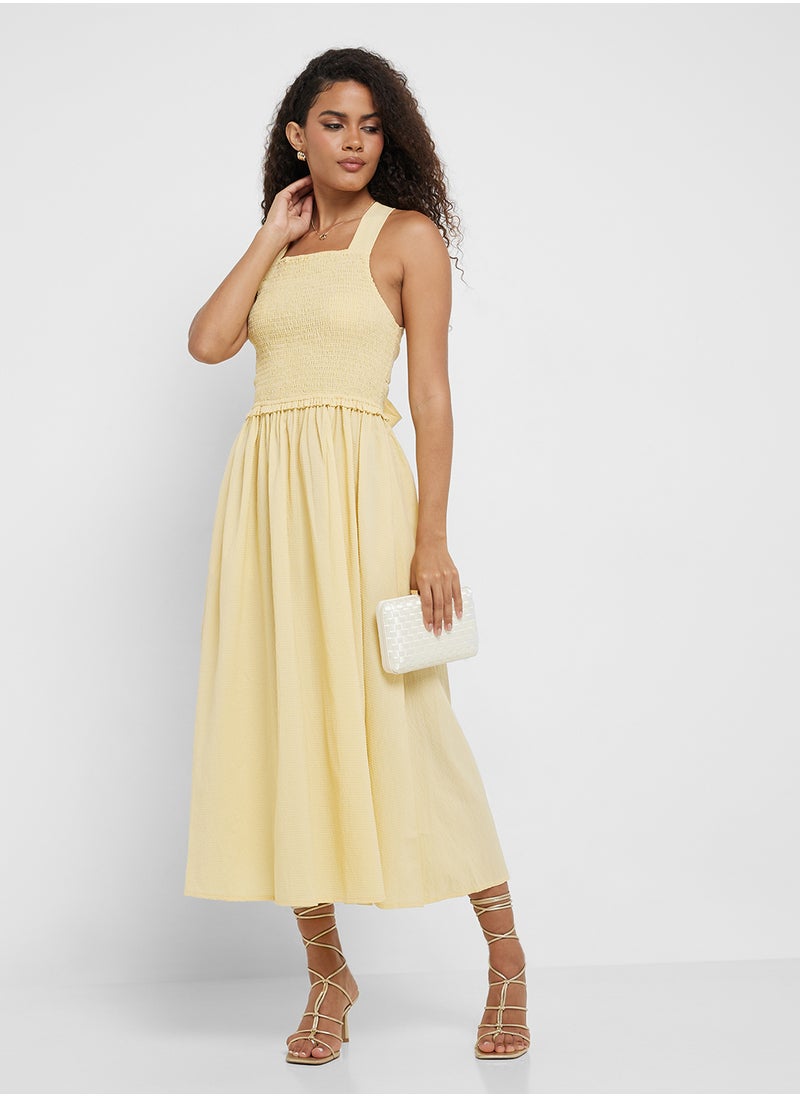 Little Mistress Butter Yellow Tie Shirred Midi Dress  - Image 1