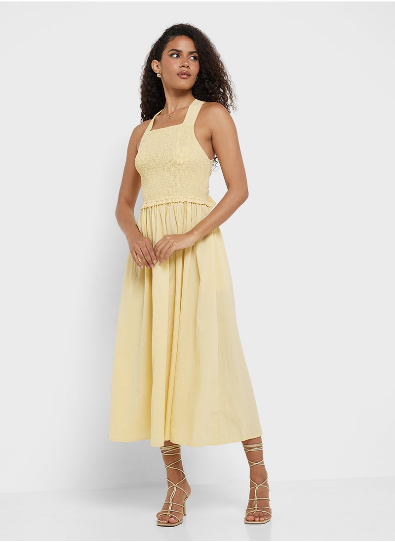 Little Mistress Butter Yellow Tie Shirred Midi Dress  - Image 4