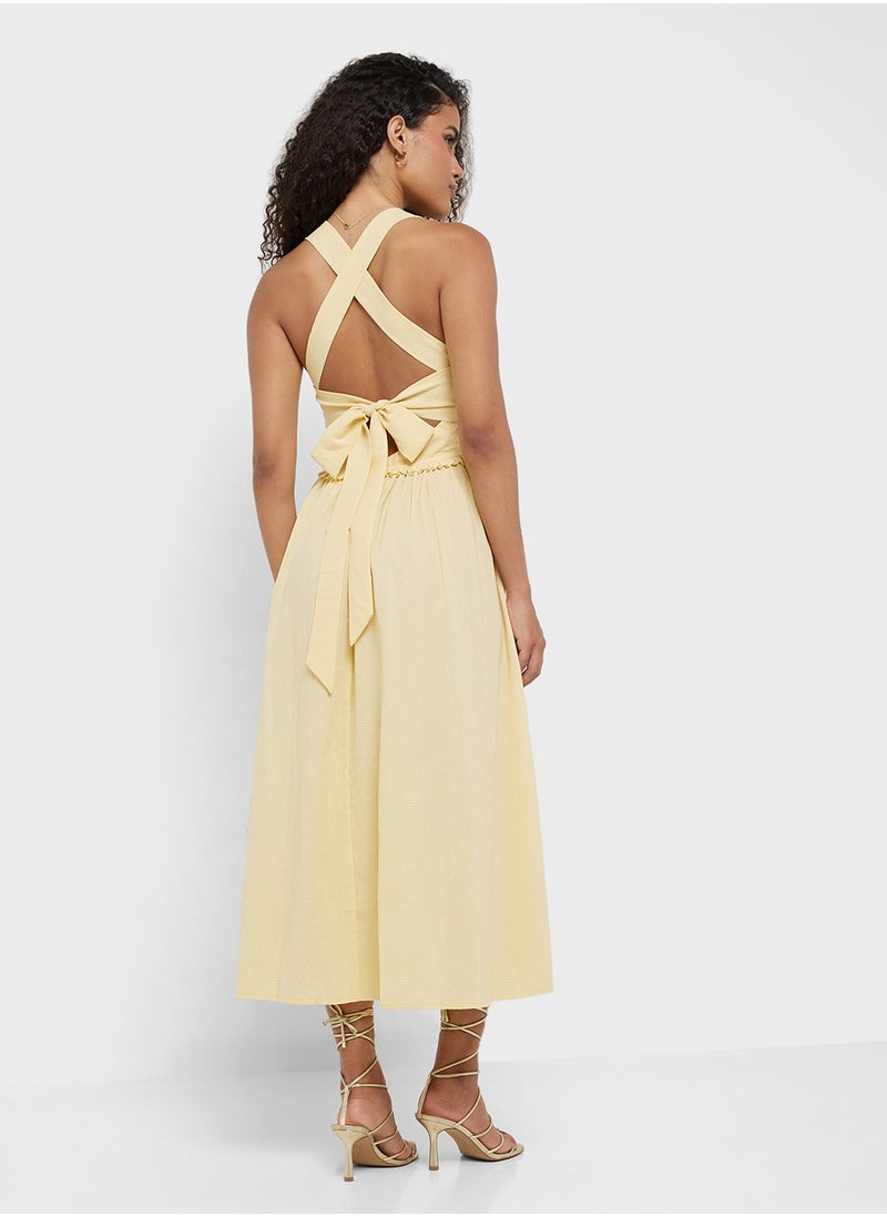 Little Mistress Butter Yellow Tie Shirred Midi Dress  - Image 2