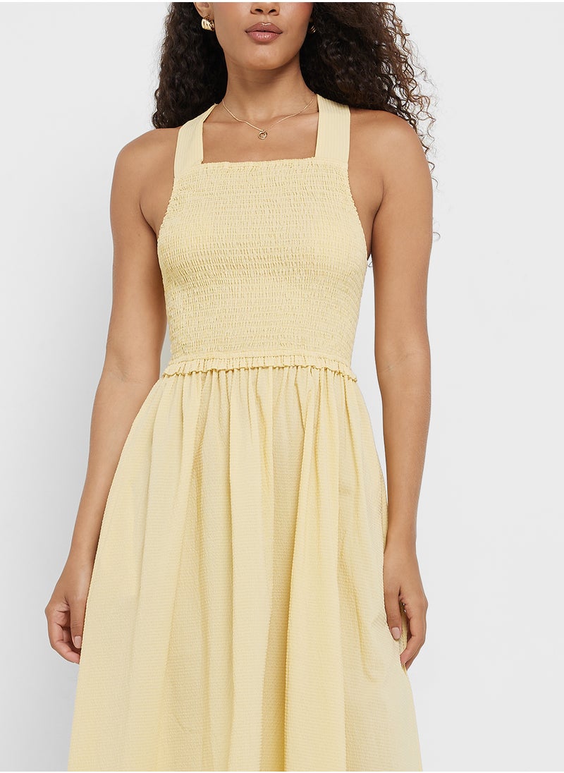 Little Mistress Butter Yellow Tie Shirred Midi Dress  - Image 3