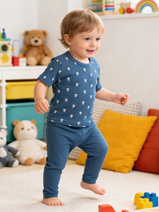 Babies Basic Premium Ribbed Cotton Printed Short Sleeves T-Shirt and Pyjama Set - Image 3