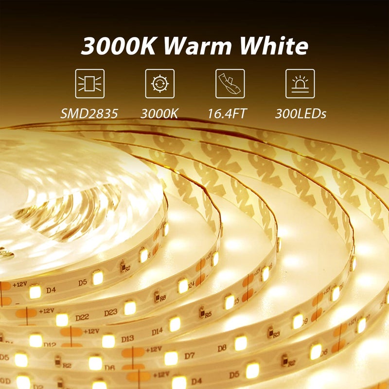 dalattin Warm White LED Strip Lights, 3000K Tunable Soft White Light Strip 16.4ft, Bright 300 LEDs, White Led Lights for Bedroom, Mirror, Kitchen Decoration - Image 3