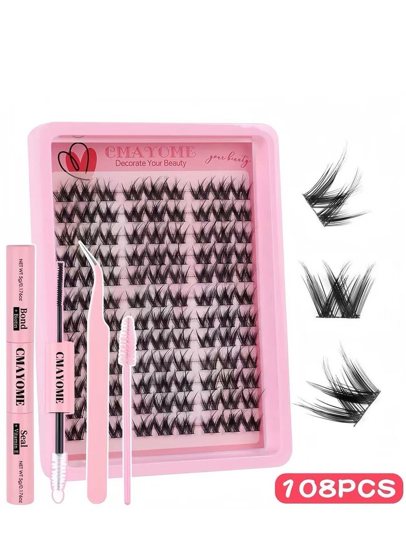 CMAYOME 108pcs False Eyelashes With Glue Kit,Individual Lash Clusters With Lash Bond,Eyelash Brush And Tweezers, Eyelash Extension Kit, Easy To Apply At Home. - Image 1