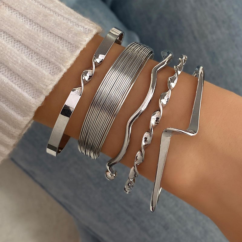 IFKM Silver Bangles Bracelets For Women, Multi Layer Stackable Open Cuff Bracelet Set, Trendy Elegance Charms Non Tarnish Minimalist Textured Boho Jewelry Gift for Women - Image 3