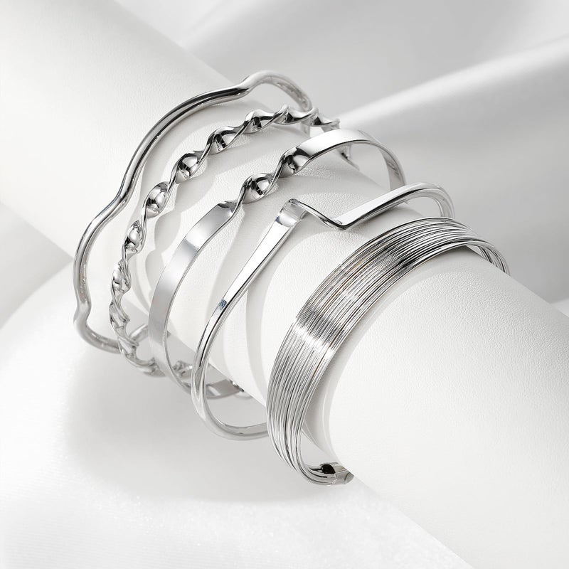 IFKM Silver Bangles Bracelets For Women, Multi Layer Stackable Open Cuff Bracelet Set, Trendy Elegance Charms Non Tarnish Minimalist Textured Boho Jewelry Gift for Women - Image 5