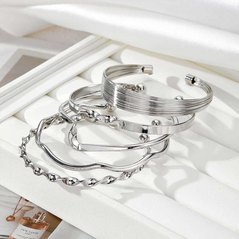 IFKM Silver Bangles Bracelets For Women, Multi Layer Stackable Open Cuff Bracelet Set, Trendy Elegance Charms Non Tarnish Minimalist Textured Boho Jewelry Gift for Women - Image 4