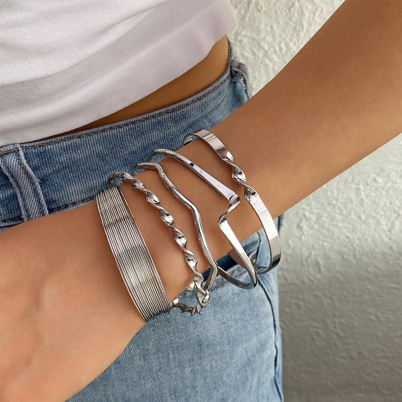 IFKM Silver Bangles Bracelets For Women, Multi Layer Stackable Open Cuff Bracelet Set, Trendy Elegance Charms Non Tarnish Minimalist Textured Boho Jewelry Gift for Women - Image 2