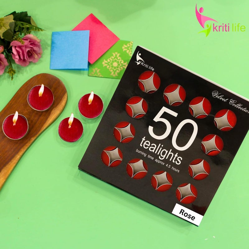 Kriti Life Rose Scented Tealight Candles 100 Paraffin Wax Smokeless Long Burn Time 45 Hours Dripless Red Candles for Home Dcor Diwali Weddings Meditation Set of 50  - Image 3