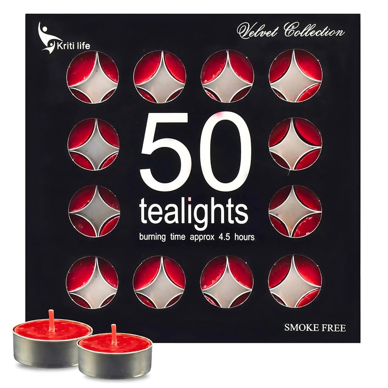Kriti Life Rose Scented Tealight Candles 100 Paraffin Wax Smokeless Long Burn Time 45 Hours Dripless Red Candles for Home Dcor Diwali Weddings Meditation Set of 50  - Image 1