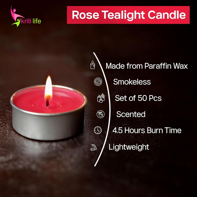 Kriti Life Rose Scented Tealight Candles 100 Paraffin Wax Smokeless Long Burn Time 45 Hours Dripless Red Candles for Home Dcor Diwali Weddings Meditation Set of 50  - Image 4