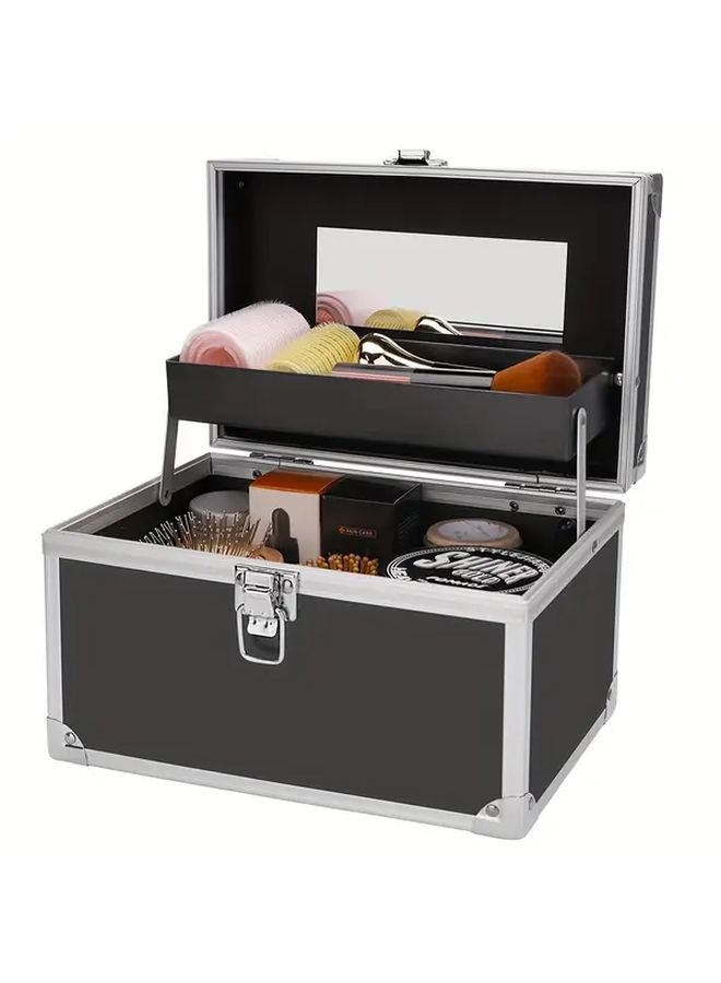 Black Metal Makeup Case With Mirror Professional Cosmetic Organizer Travel Storage Box - Image 2