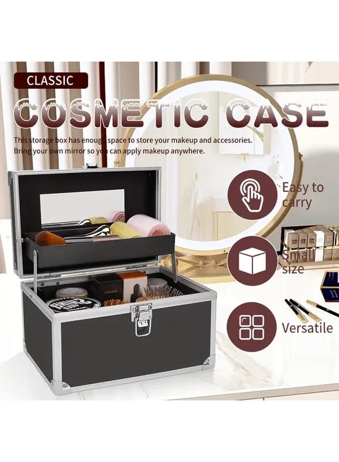 Black Metal Makeup Case With Mirror Professional Cosmetic Organizer Travel Storage Box - Image 4