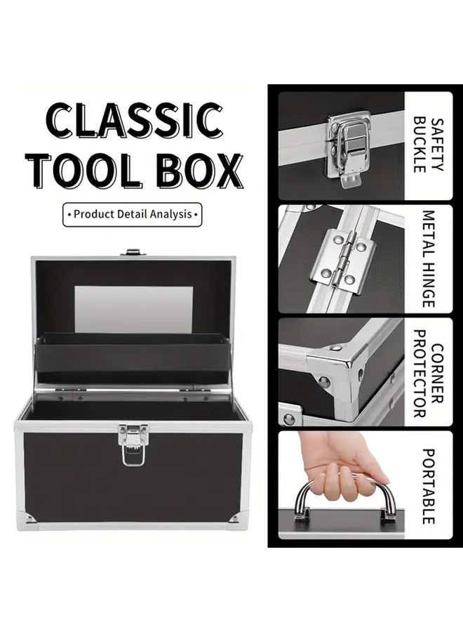 Black Metal Makeup Case With Mirror Professional Cosmetic Organizer Travel Storage Box - Image 3