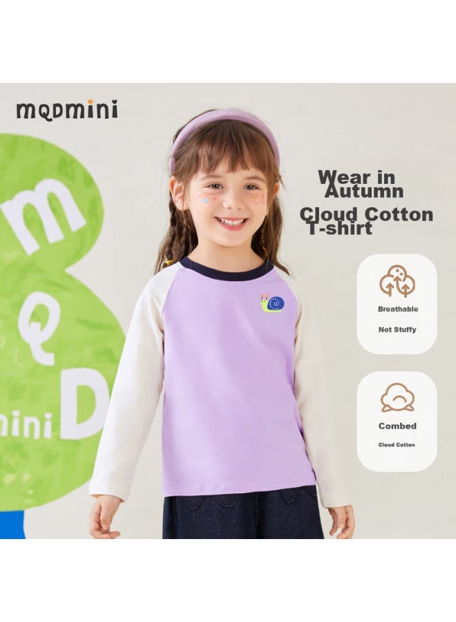 Mqdmini Children's Clothing, Kids' Long-sleeve T-shirt, Boys' Undershirt, Girls' Color-block Clothing, Little Snail Dreamy Purple, Size 100 - Image 1