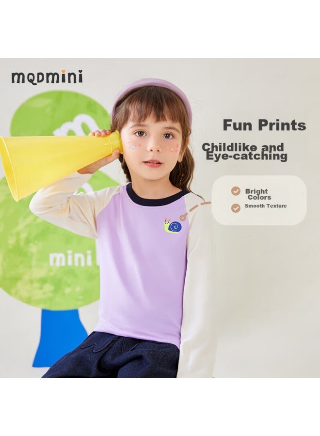 Mqdmini Children's Clothing, Kids' Long-sleeve T-shirt, Boys' Undershirt, Girls' Color-block Clothing, Little Snail Dreamy Purple, Size 100 - Image 2