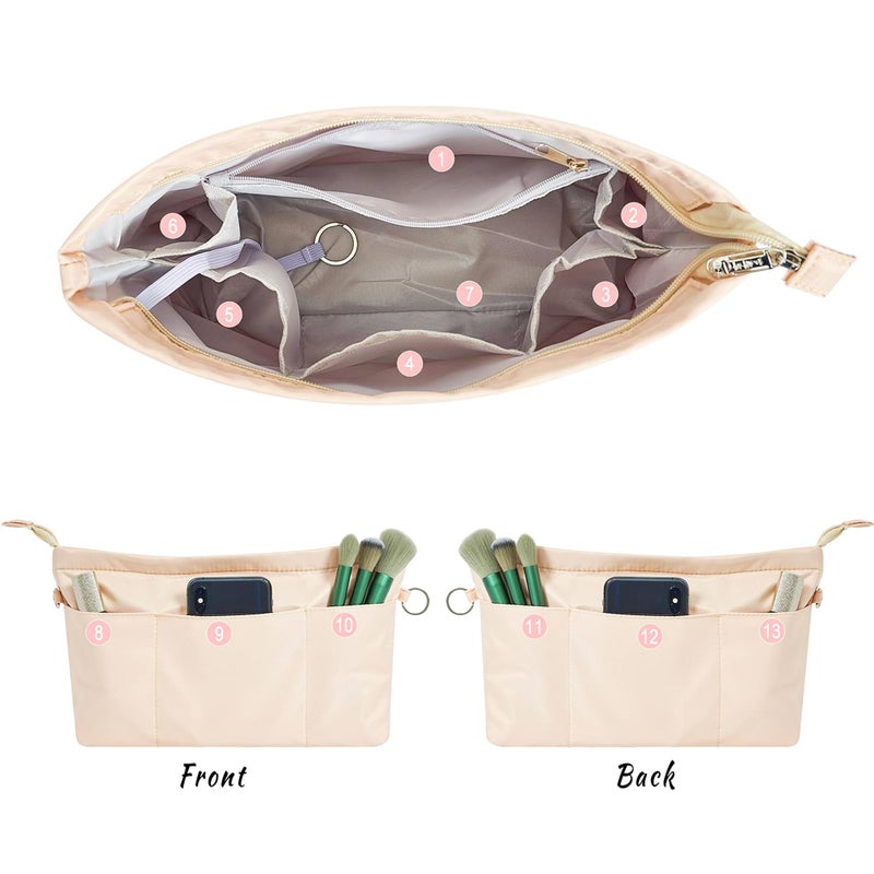 Vercord Premium Nylon Purse Organizer Tote Handbag Insert Organizers Bag in Bag Zipper 13 Pockets Beige Small - Image 4