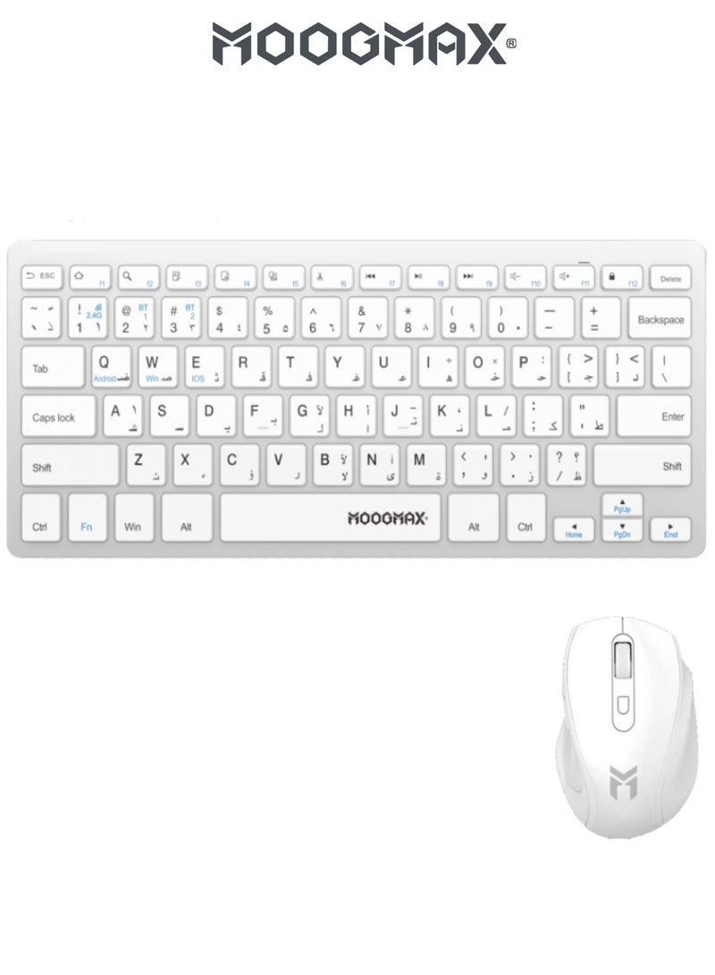 موجماكس مجموعة الكمبيوتر ماوس وكيبورد لاسلكي. لوحة مفاتيح لاسلكي بتصميم انيق وقوي. كيبورد عربي انجليزي متعدد الاستخدامات. كيبورد بلوتوث يمكن ايصاله حتى بالهاتف ك كيبورد ايباد. ماوس لاسلكي بتردد 2.4 بمدى توصيل حتى ١٠ امتار. فارة لاسلكي سريع الاستجابة بناقل من نوع CPI. كيبورد و ماوس ابيض - Image 1
