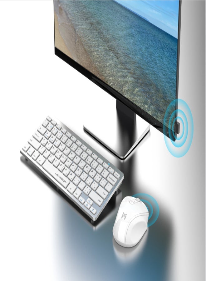 موجماكس مجموعة الكمبيوتر ماوس وكيبورد لاسلكي. لوحة مفاتيح لاسلكي بتصميم انيق وقوي. كيبورد عربي انجليزي متعدد الاستخدامات. كيبورد بلوتوث يمكن ايصاله حتى بالهاتف ك كيبورد ايباد. ماوس لاسلكي بتردد 2.4 بمدى توصيل حتى ١٠ امتار. فارة لاسلكي سريع الاستجابة بناقل من نوع CPI. كيبورد و ماوس ابيض - Image 5