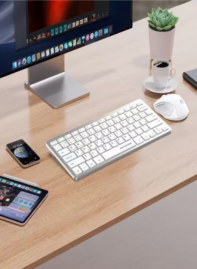 موجماكس مجموعة الكمبيوتر ماوس وكيبورد لاسلكي. لوحة مفاتيح لاسلكي بتصميم انيق وقوي. كيبورد عربي انجليزي متعدد الاستخدامات. كيبورد بلوتوث يمكن ايصاله حتى بالهاتف ك كيبورد ايباد. ماوس لاسلكي بتردد 2.4 بمدى توصيل حتى ١٠ امتار. فارة لاسلكي سريع الاستجابة بناقل من نوع CPI. كيبورد و ماوس ابيض - Image 2