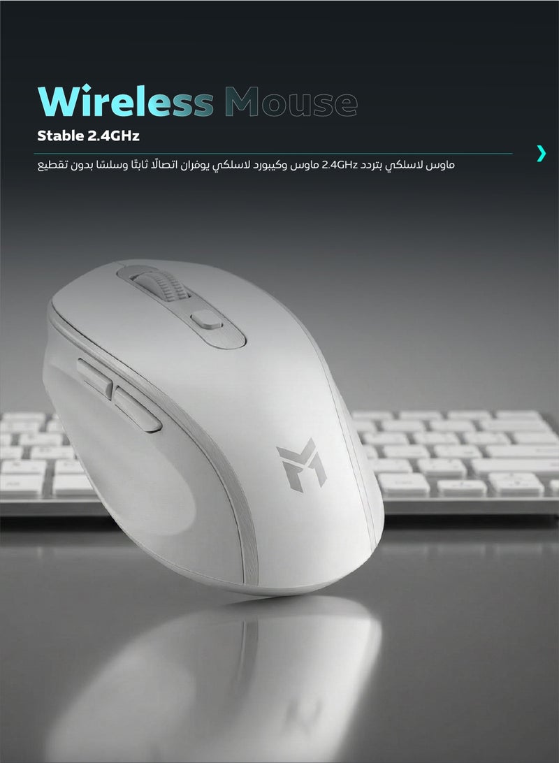 MOOGMAX Wireless mouse and keyboard set. A stylish and durable wireless keyboard. A versatile English Arabic keyboard. A Bluetooth keyboard that can even be connected to a phone like ipad keyboard. 2.4 GHz wireless mouse with a range of up to 10 meters. fast response wireless mouse with a high CPI output. White keyboard & mouse set. - Image 2