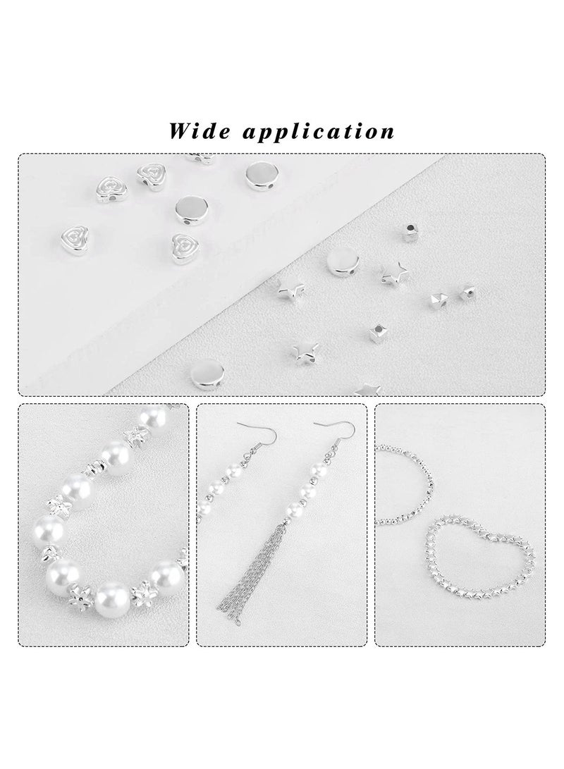 سيوسي خرز فضفاض ، طقم خرز من SYOSI 1200 قطعة خرز كروي دائري على شكل نجمة ، خرز فاصل متعدد الأوجه ، خرز قلب ، خرز قرص مسطح من الخرز للزهور لصنع المجوهرات (فضي) - Image 2