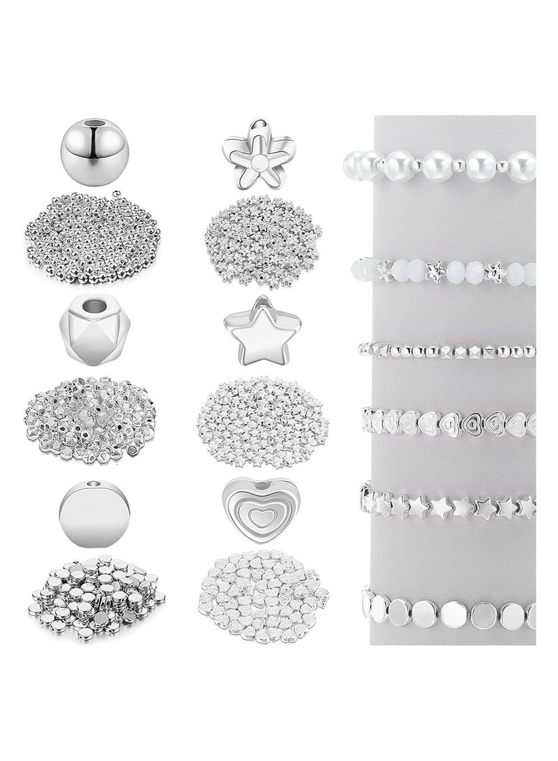 سيوسي خرز فضفاض ، طقم خرز من SYOSI 1200 قطعة خرز كروي دائري على شكل نجمة ، خرز فاصل متعدد الأوجه ، خرز قلب ، خرز قرص مسطح من الخرز للزهور لصنع المجوهرات (فضي) - Image 1
