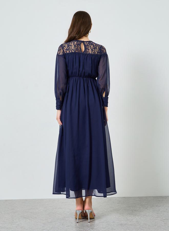 Styli Women Navy Blue Lace Insert A-Line Maxi Dress - Image 5