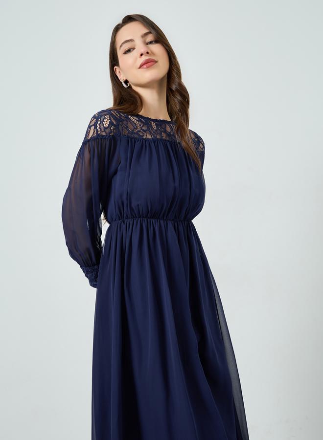 Styli Women Navy Blue Lace Insert A-Line Maxi Dress - Image 2