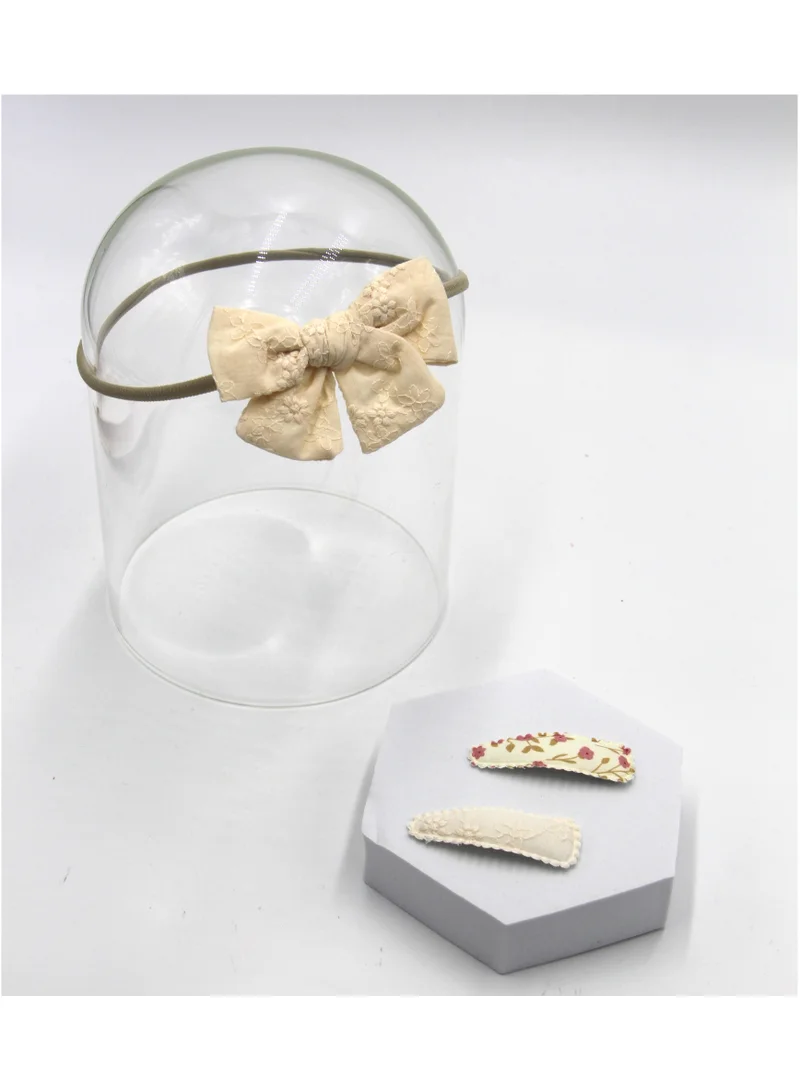 D'Daniela Jana Ribbon Bow Clip Set with Ponytail For Babies and Girls - Cream
