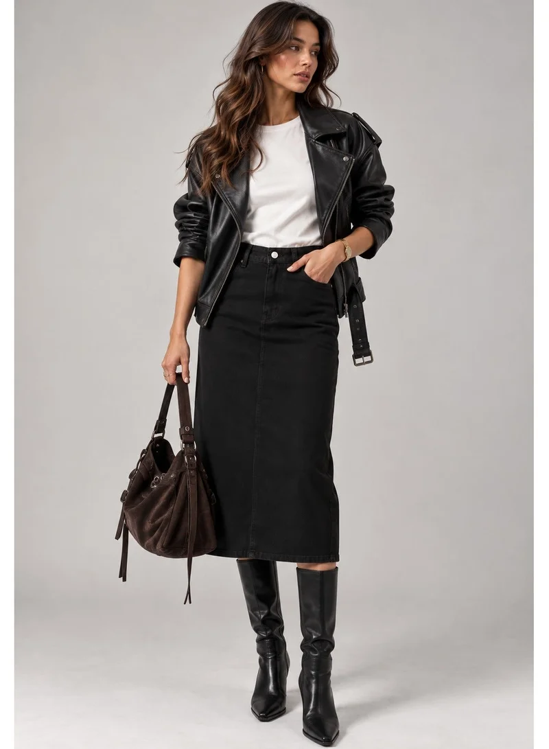 Ginger Denim Straight Fit Midi Skirt