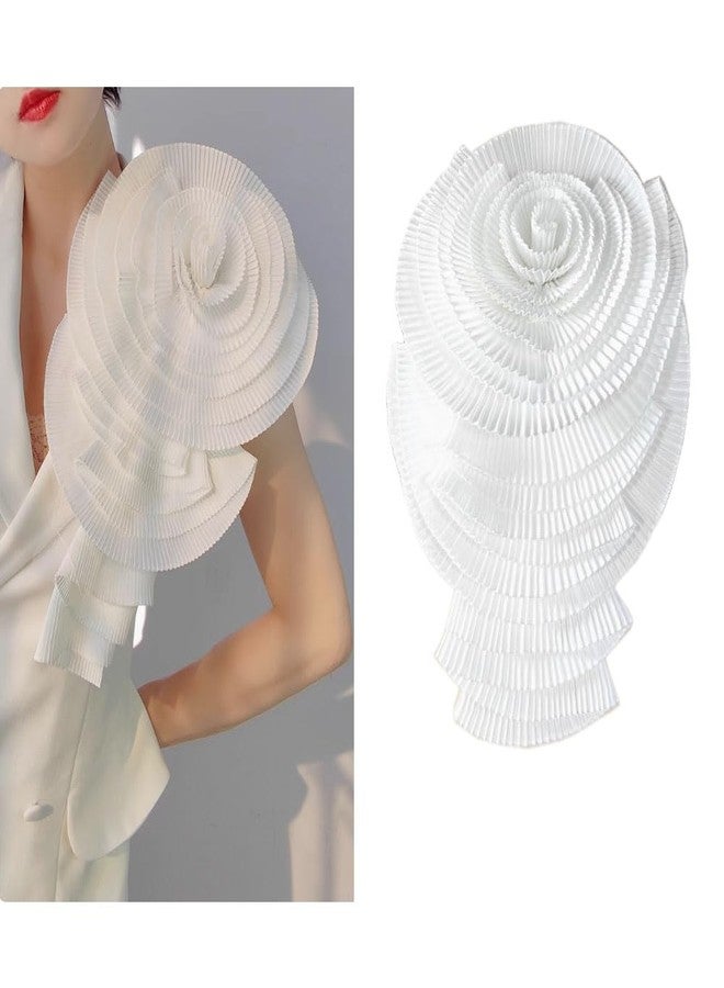 Zthread Ruffed Lace Fabric Brooch Pin Big Flower Pleated Chiffon Fabric Appliques Women Shoulder Decoration Trim (White) - Image 2