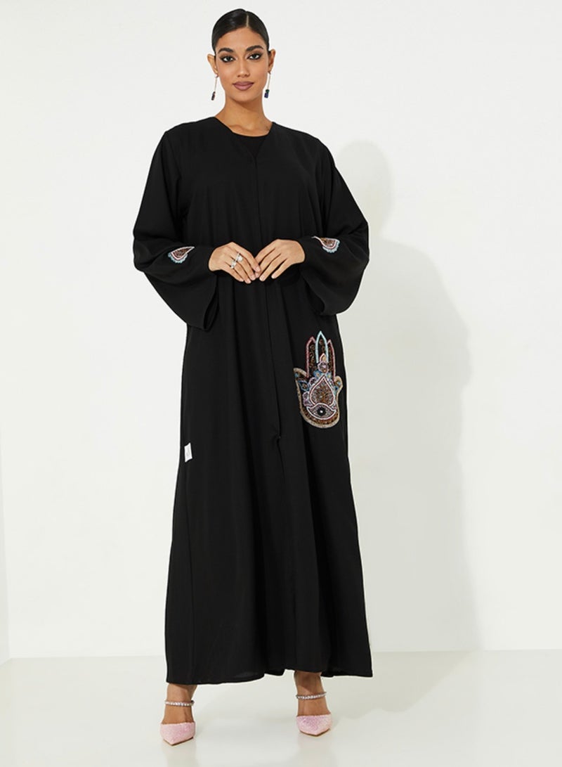 Rosette Abaya Black open Abaya with Palm hand embroidery design - Image 1