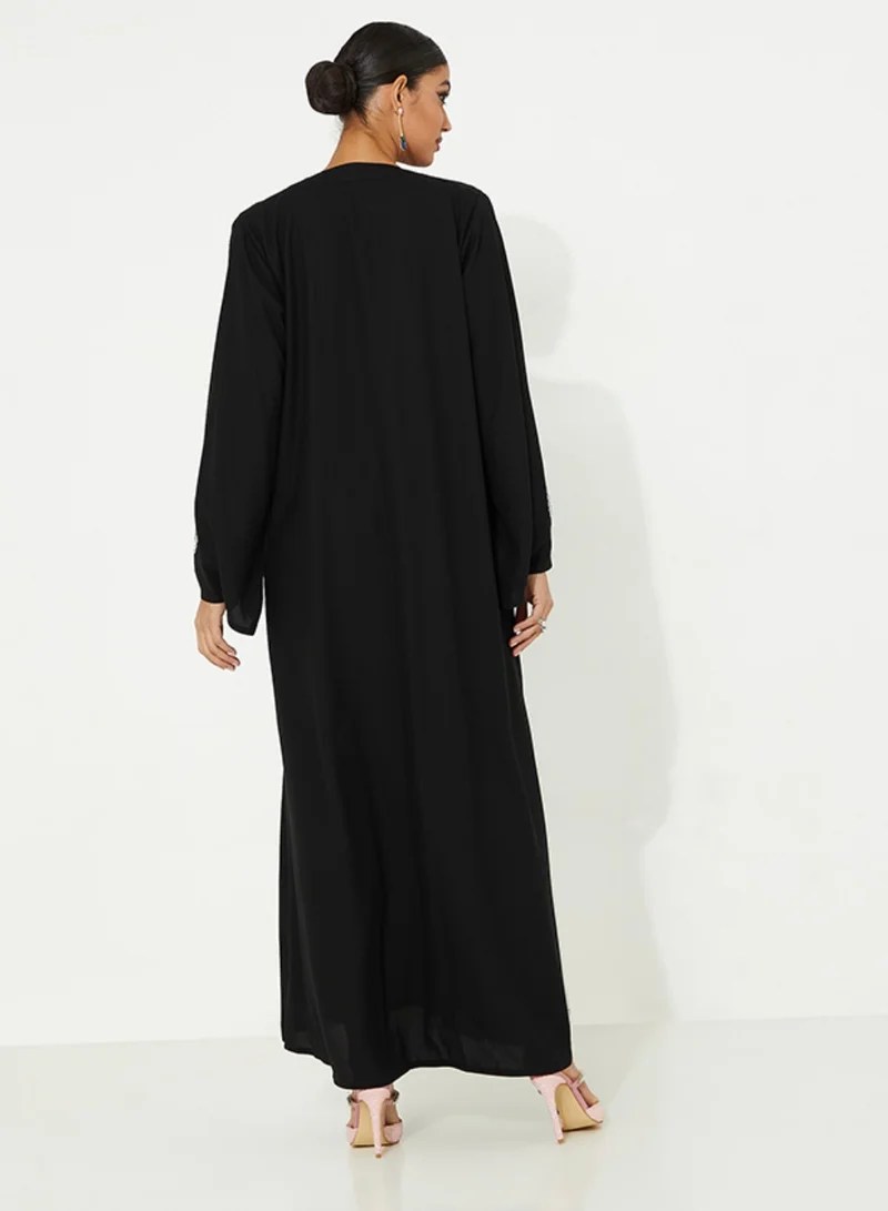 Rosette Abaya Black open Abaya with Palm hand embroidery design