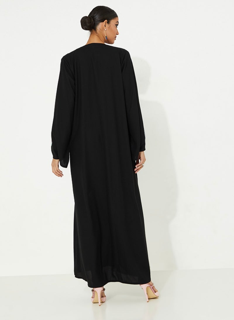 Rosette Abaya Black open Abaya with Palm hand embroidery design - Image 2