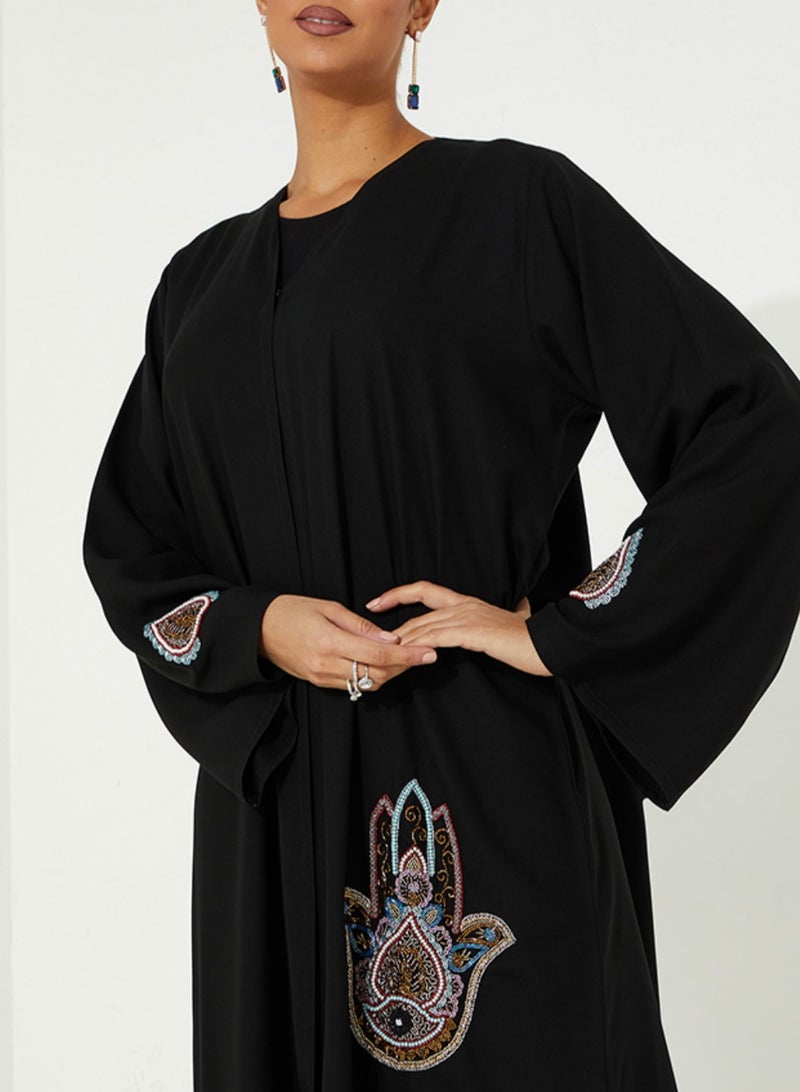 Rosette Abaya Black open Abaya with Palm hand embroidery design - Image 3