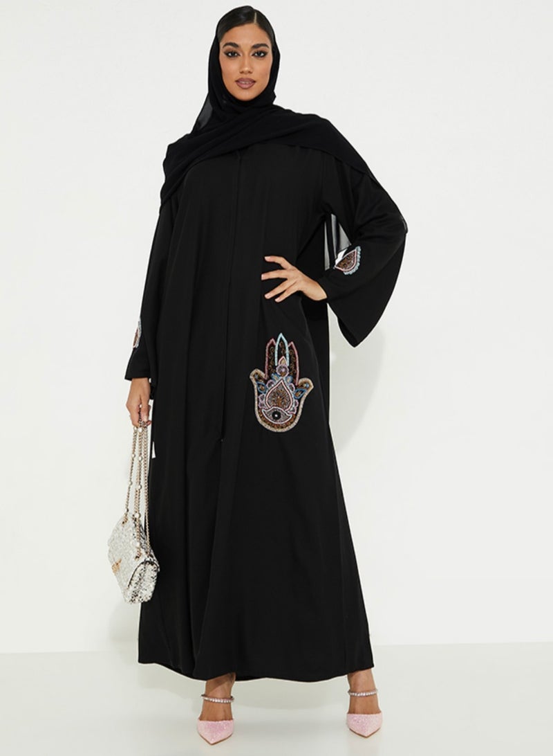 Rosette Abaya Black open Abaya with Palm hand embroidery design - Image 4