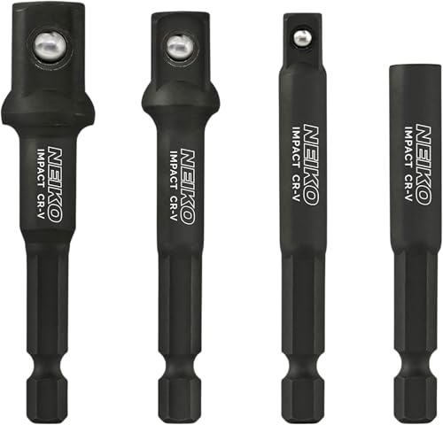 NEIKO 00244A Impact Socket Adapter and Magnetic Bit Holder Set | 4-Piece Set | 1/4-Inch Hex Shank with 1/4, 3/8, 1/2-Inch Drives | CR-V - Image 1