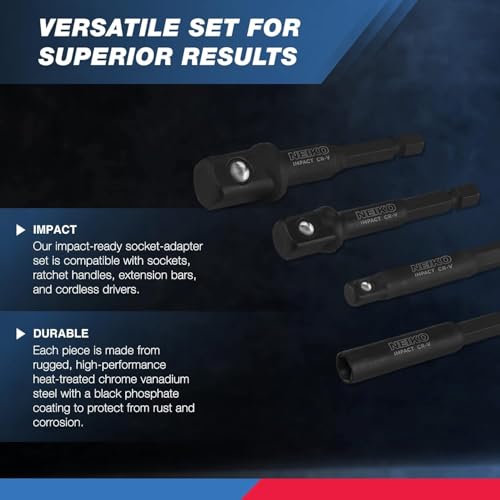 NEIKO 00244A Impact Socket Adapter and Magnetic Bit Holder Set | 4-Piece Set | 1/4-Inch Hex Shank with 1/4, 3/8, 1/2-Inch Drives | CR-V - Image 2