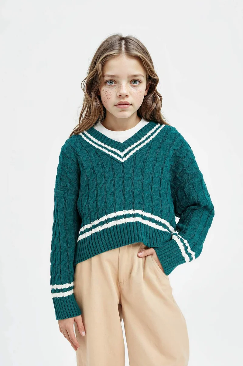 ديفاكتو Girl Regular Fit V-Neck Pullover