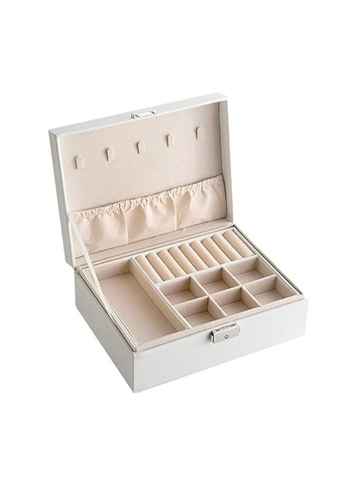 Elegant PU Leather Jewelry Box - Large Double-Layer Jewelry Organizer with Lock and Key, 2-Tier Storage Case for Rings, Earrings, Necklaces, Bracelets, Perfect Gift for Women and Girls (White)  - Image 1