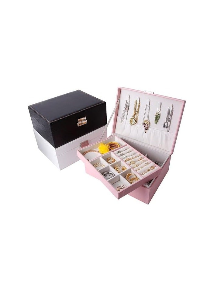 Elegant PU Leather Jewelry Box - Large Double-Layer Jewelry Organizer with Lock and Key, 2-Tier Storage Case for Rings, Earrings, Necklaces, Bracelets, Perfect Gift for Women and Girls (White)  - Image 4