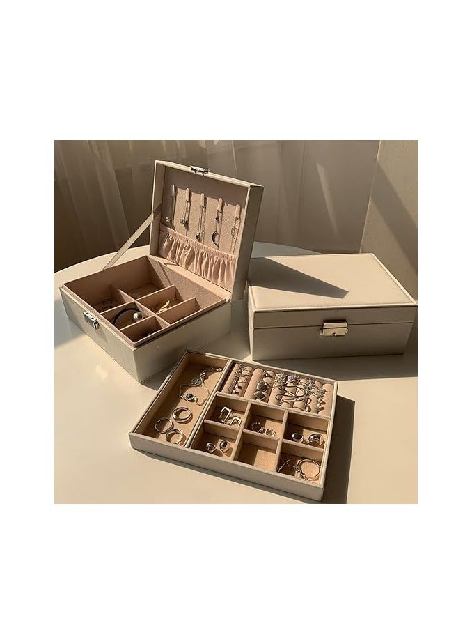 Elegant PU Leather Jewelry Box - Large Double-Layer Jewelry Organizer with Lock and Key, 2-Tier Storage Case for Rings, Earrings, Necklaces, Bracelets, Perfect Gift for Women and Girls (White)  - Image 2