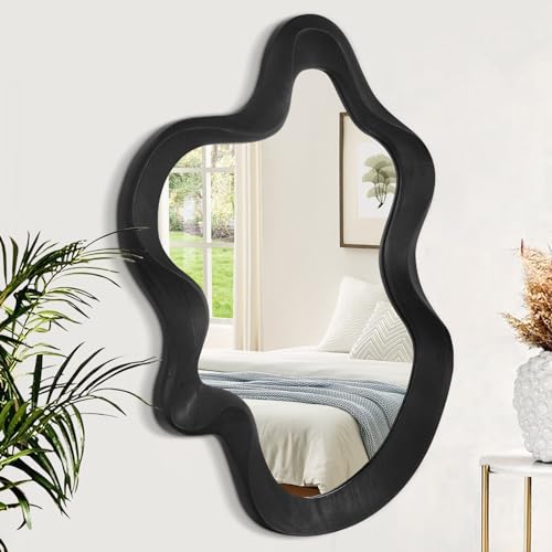 Lzuso Asymmetrical Mirror Wood Frame Irregular Wall Mirror Unique Shape Wavy Wall Mirror Modern Artistic Cloud Mirror Decorative for Living Room Bedroom Cloakroom Bathroom Entryway Hallway White - Image 1