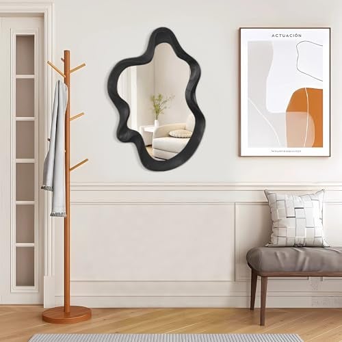 Lzuso Asymmetrical Mirror Wood Frame Irregular Wall Mirror Unique Shape Wavy Wall Mirror Modern Artistic Cloud Mirror Decorative for Living Room Bedroom Cloakroom Bathroom Entryway Hallway White - Image 3