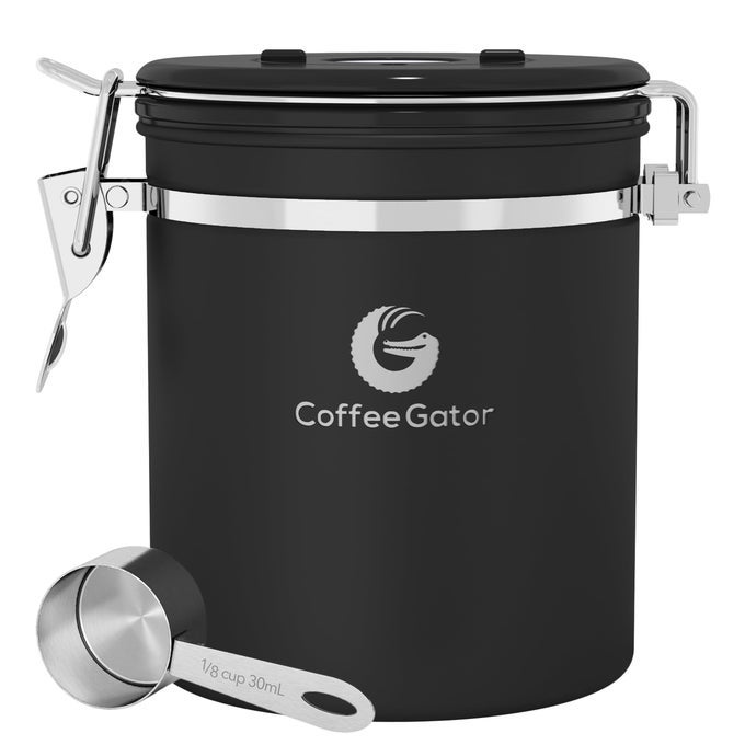 COFFEE CANISTER 16OZ AIRTIGHT STAINLESS STEEL KITCHEN FOOD STORAGE CONTAINER WITH DATE TRACKER SCOOP FOR GROUNDS BAR ACCESSORIES BEANS TEA SUGAR FLOUR COFFEE LOVER BLACK