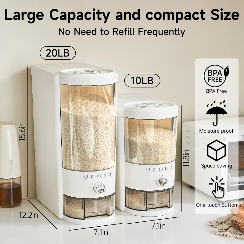 UFORU Rice Dispenser 20 lbs | Large Rice Storage Container for Kitchen&Pantry - Space-saving, Moisture & Pest-proof, BPA-Free - Dry Food Dispenser with One-Touch Dispenser & Measuring Cup for Families - Image 2