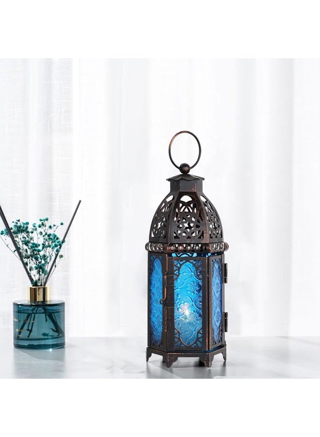 DECORKEY Vintage Medium Size Candle Lantern, Moroccan Style Decorative Hanging Lantern, Metal Tabletop Lantern, Christmas Candle Holders for Outdoor Patio (Blue) - Image 3