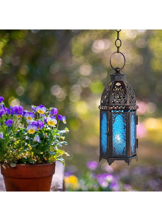 DECORKEY Vintage Medium Size Candle Lantern, Moroccan Style Decorative Hanging Lantern, Metal Tabletop Lantern, Christmas Candle Holders for Outdoor Patio (Blue) - Image 2