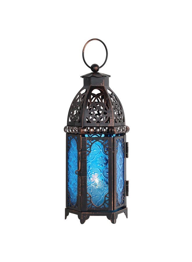 DECORKEY Vintage Medium Size Candle Lantern, Moroccan Style Decorative Hanging Lantern, Metal Tabletop Lantern, Christmas Candle Holders for Outdoor Patio (Blue) - Image 1