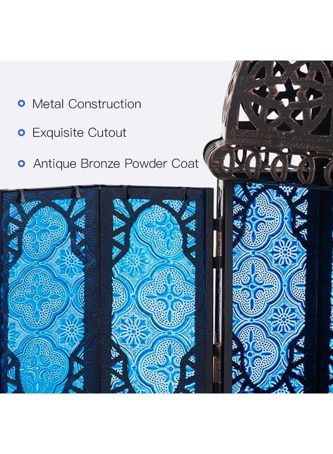 DECORKEY Vintage Medium Size Candle Lantern, Moroccan Style Decorative Hanging Lantern, Metal Tabletop Lantern, Christmas Candle Holders for Outdoor Patio (Blue) - Image 5